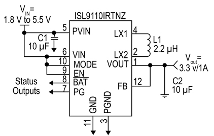 Integrated buck-boost converter needs only a few external passive components 